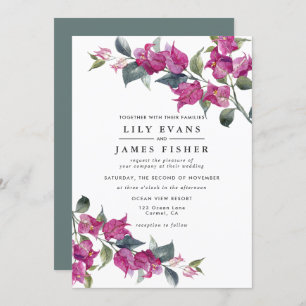 Invitation Bougainvillea Bourgogne vert rose Mariage