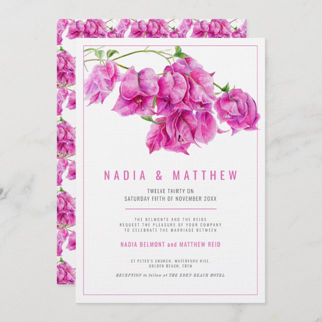 Invitation Bougainvillea rose violet mariage d'aquarelle (Devant / Derrière)
