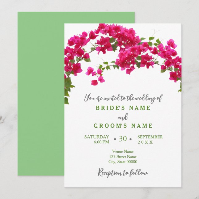 Invitation Bougainvillea tropical vert fuchsia mariage (Devant / Derrière)