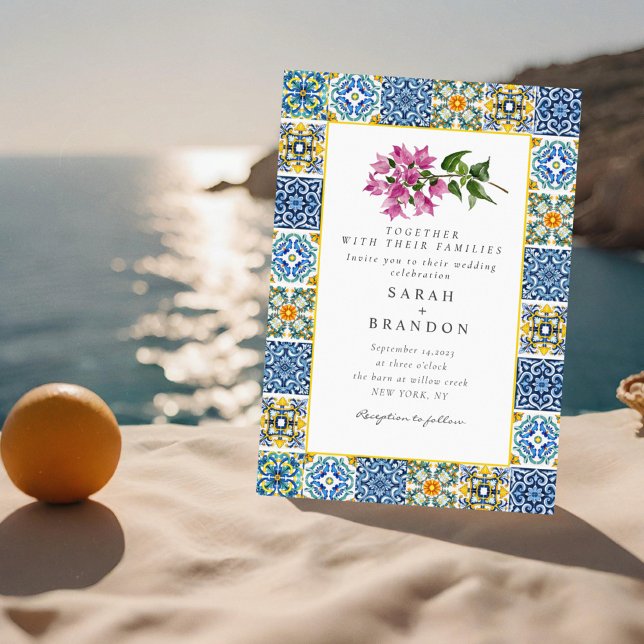 Invitation Bougainvilliers aquarelle Mariage carrelage bleu (Créateur téléchargé)