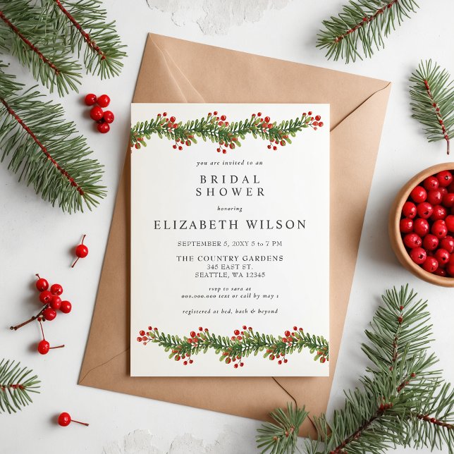 Invitation Boughs rustiques de la Fête des mariées de Noël Ho (Rustic Boughs of Holly Christmas Bridal Shower Invitation)