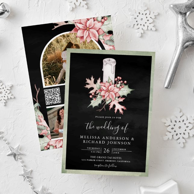 Invitation Bougie de Noël Poinsettia QR Code Mariage noir (Créateur téléchargé)