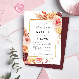 Invitation Bougie d'or et Mariage rose pâle - B
