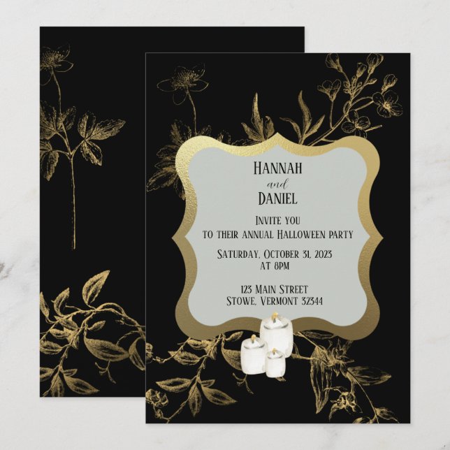 Invitation Bougie noire et or Halloween Party (Devant / Derrière)
