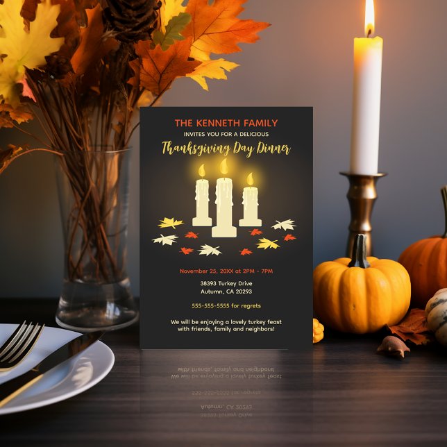 Invitation Bougies chaudes Feuilles colorés Dîner Thanksgivin (Warm Candles Colorful Leaves Thanksgiving Dinner Invitation)