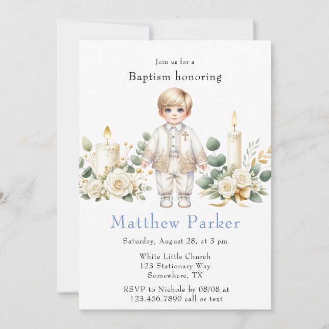 Invitation Bougies vertes Cartoon Boy Baptême (Devant)