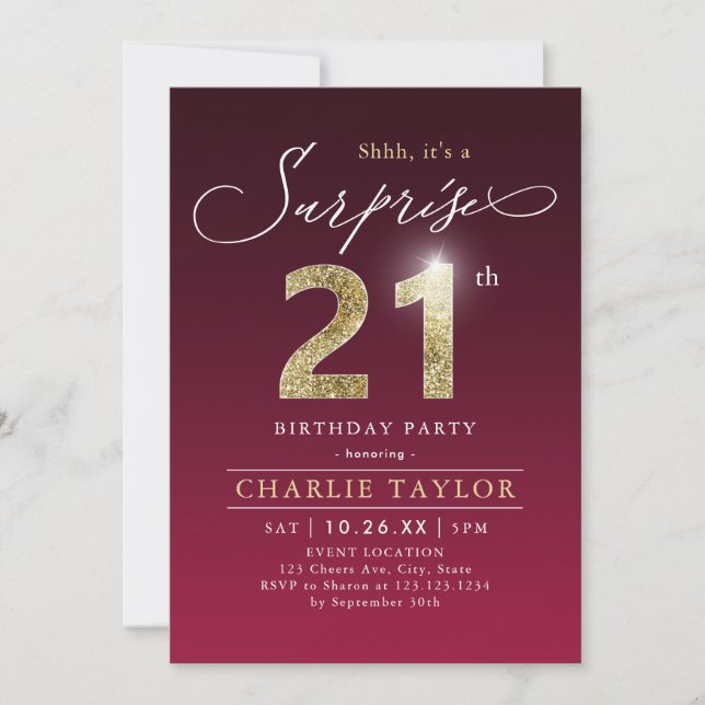 Invitation Bougogne moderne or adulte surprise 21e anniversai (Devant)