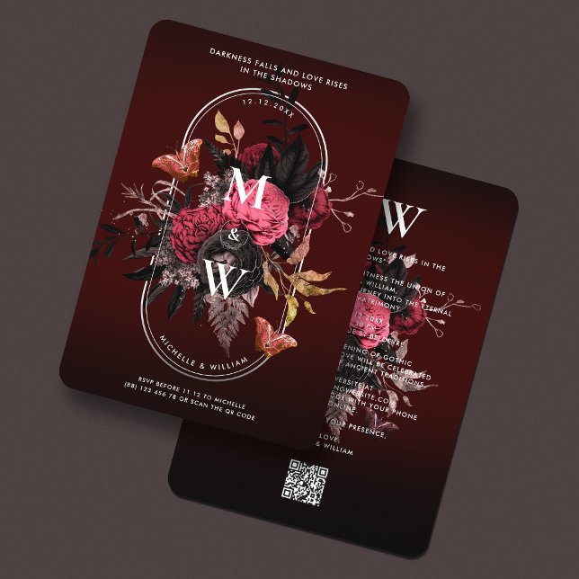 Invitation Bouho gothique Mariage Bourgogne Rose papillon (Gothic Boho Wedding Burgundy Rose Butterfly Invitation
)