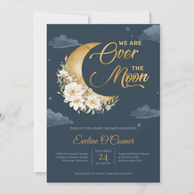 Invitation Bouho Navy feuille d'or bleu sur la lune bébé (Devant)