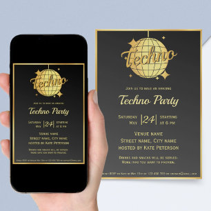 Invitation Boule à facettes dorée à thème musique techno pour