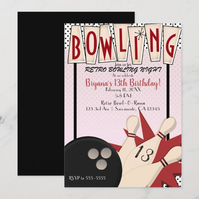 Invitation Boule de bowling rétro rouge rose soirée d'anniver (Devant / Derrière)