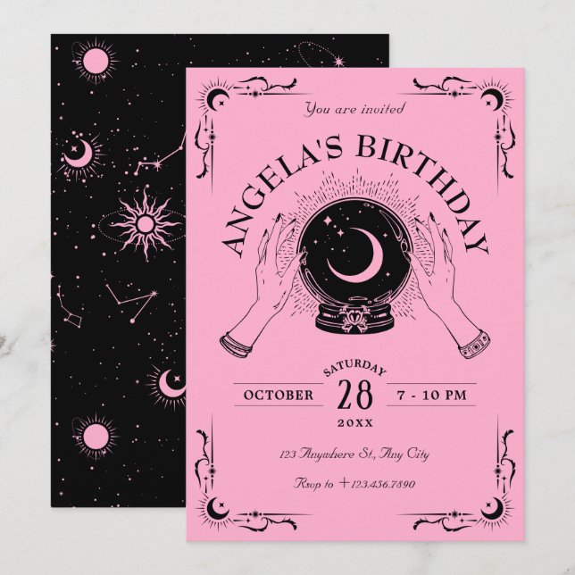 Invitation Boule de cristal de lune rose noire (Devant / Derrière)