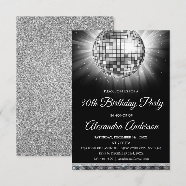 Invitation Boule de danse disco de la fête de l'Argent 30e an (Devant / Derrière)