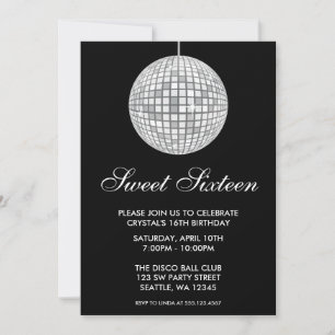 Invitation Boule de disco argent et noir pour un anniversaire