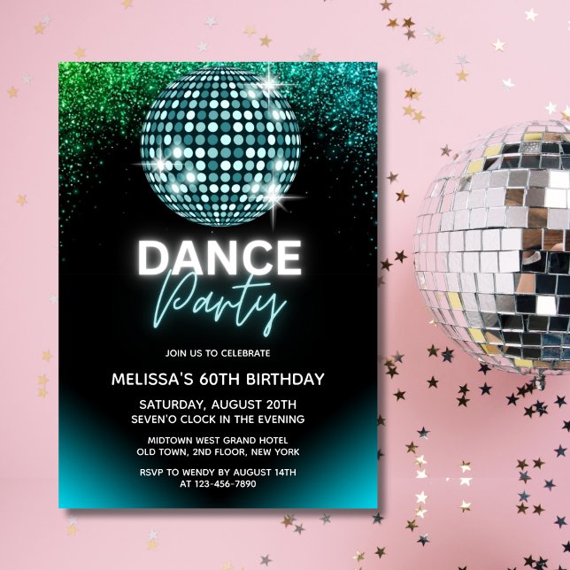 Invitation Boule de disco turquoise Glitter Fête d'anniversai (Créateur téléchargé)