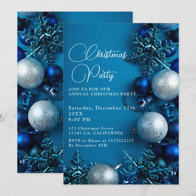 Invitation Boule de Noël Party Blue  (Devant / Derrière)