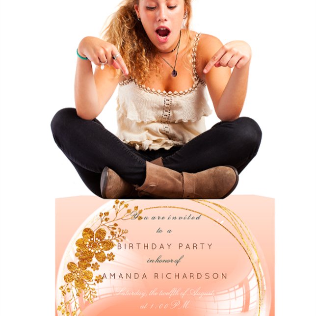 Invitation Boule de Pêche Cercle Doré Anniversaire Ombre (Golden Circle Peach Bubble Birthday Ombre Invitation)