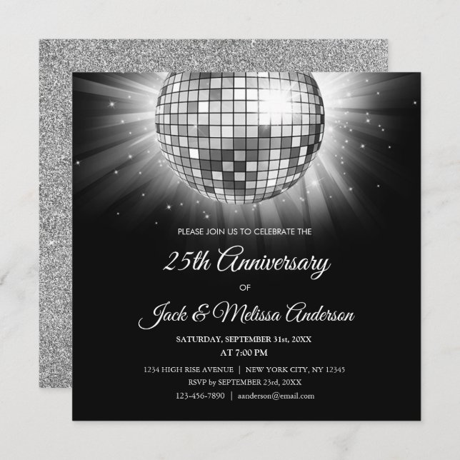 Invitation Boule disco argentée pour fête d'anniversaire de m (Devant / Derrière)