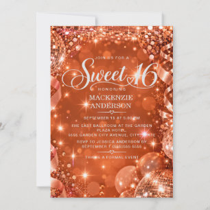 Invitation Boule disco Cuivre Orange Brûlé Sweet 16
