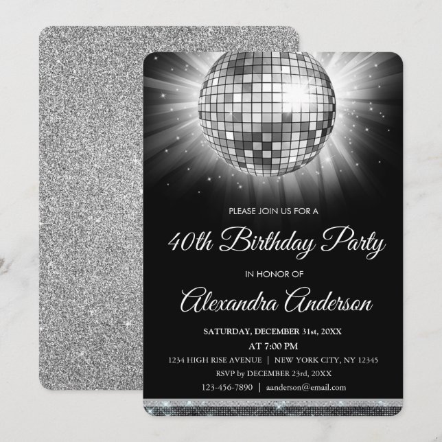 Invitation Boule Disco de fête d'anniversaire de 40e Argent (Devant / Derrière)