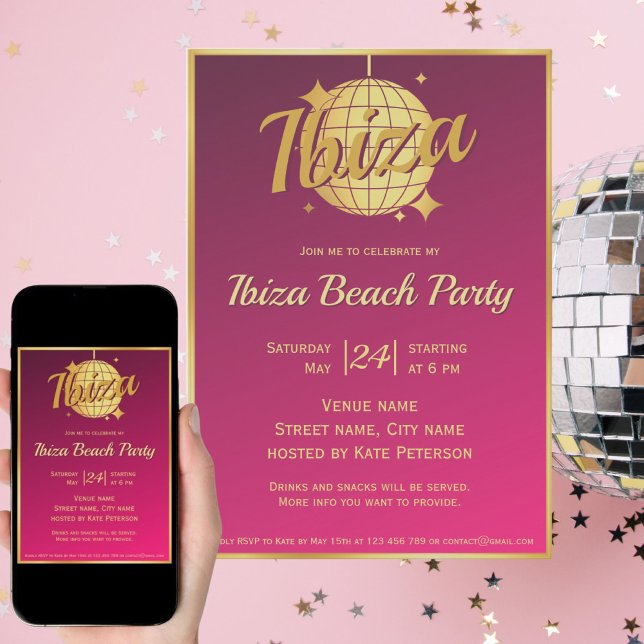 Invitation Boule disco dorée à thème Ibiza eivissa rose soiré (Créateur téléchargé)