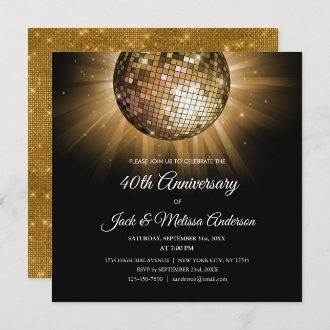 Invitation Boule disco dorée pour fête d'anniversaire de mari (Devant / Derrière)