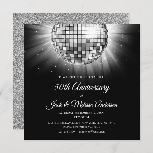 Invitation Boule Disco du 50e anniversaire d'argent (Devant / Derrière)