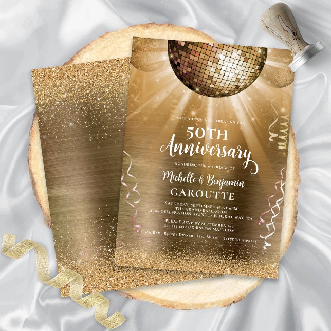Invitation Boule disco Glam Or 50 ans de mariage (Gold Glam Disco Ball 50th Wedding Anniversary Invitation)