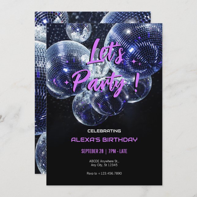 Invitation Boule disco Let's Party  (Devant / Derrière)