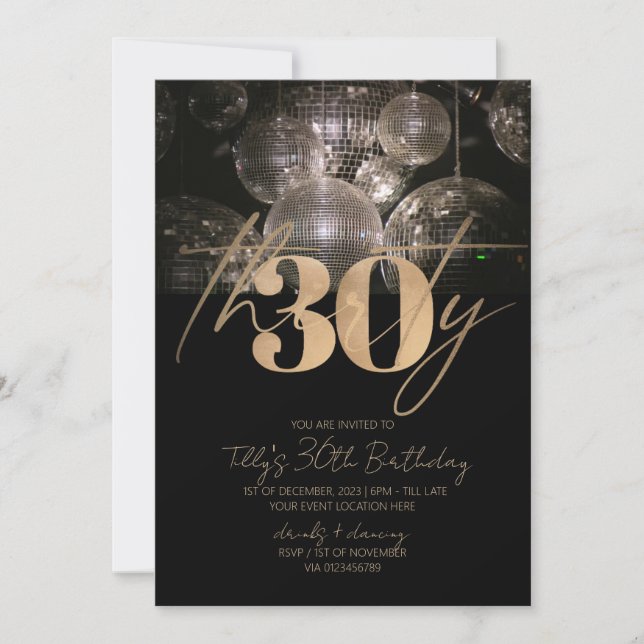 Invitation Boule Disco noir et or 30e anniversaire fête (Devant)