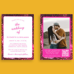 Invitation Boule Disco Rétro Code QR Photo Rose Chaud Mariage