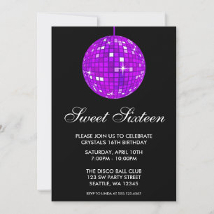 Invitation Boule disco violette et noire pour Sweet Sixteen a