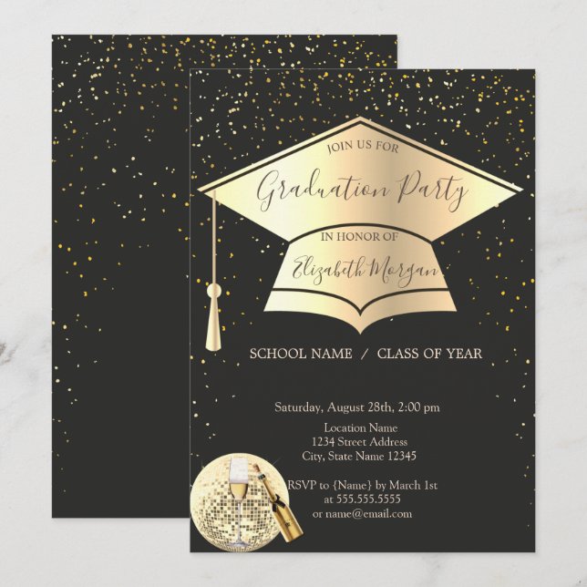 Invitation Boule d'or, Boule Disco Confetti Graduation (Devant / Derrière)