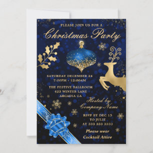 Invitation Boule et ruban de Noël Blue & Gold pour fête