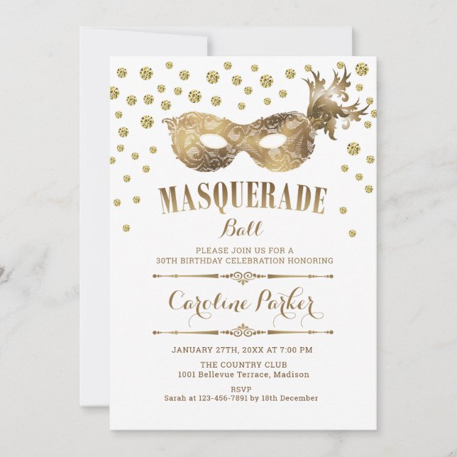 Invitation Boule Mascarade Blanc Or fête d'anniversaire (Devant)