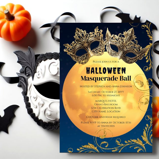 Invitation Boule Mascarade Pleine lune Halloween (Halloween full moon masquerade ball invitation front.)