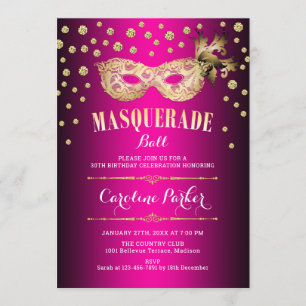 Invitation Boule Mascarade Rose Or Anniversaire
