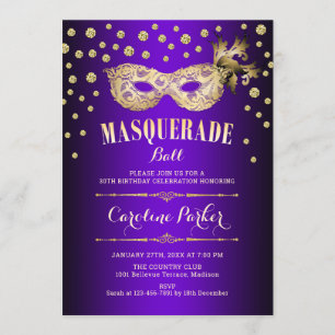 Invitation Boule Masquerade violet or fête d'anniversaire