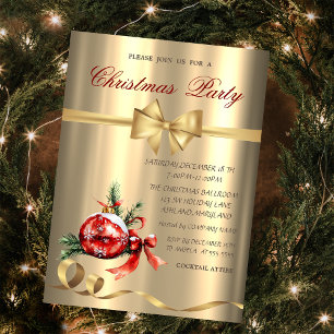 Invitation Boule rouge, Bow, Soirée de Noël d'or