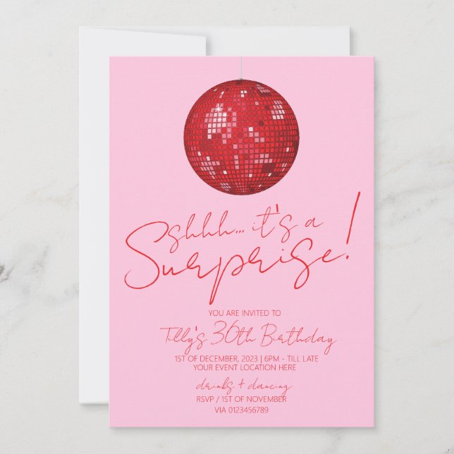 Invitation Boule rouge rose disco surprise fête d'anniversair (Devant)