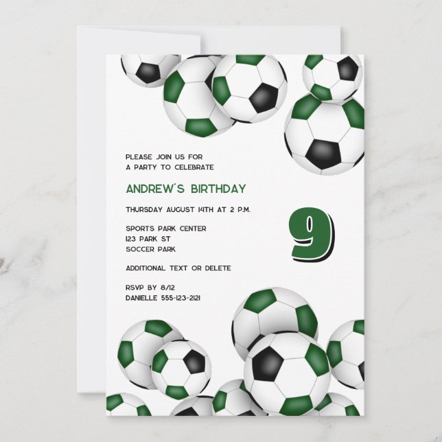 Invitation boules de football noir vert garçons filles annive (Devant)