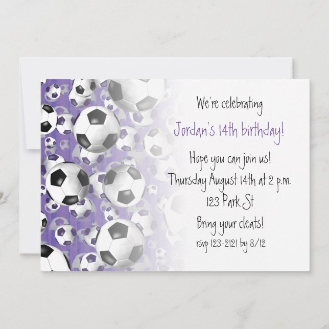 Invitation Boules de football partout soccer fête violet (Dos)
