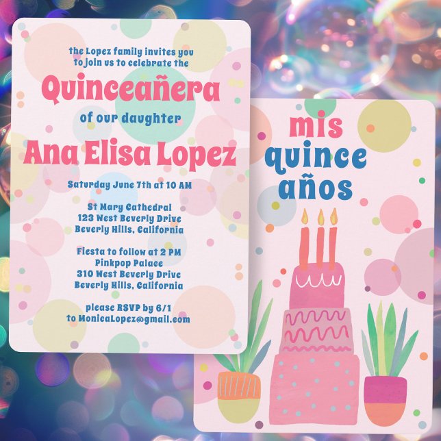Invitation Boules de gâteau rose Whimsical QUINCEANERA Person (Pink Cake Bubbles Whimsical QUINCEANERA Custom Invitation
)