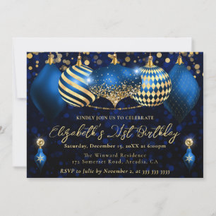 Invitation Boules de Noël Bleues et Dorées 21ème Anniversaire