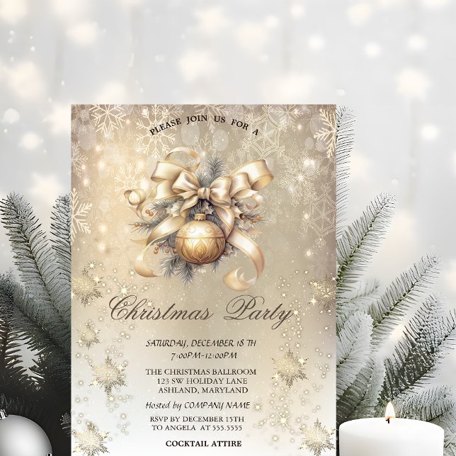 Invitation Boules de Noël Bow Snowflakes Gold (Créateur téléchargé)