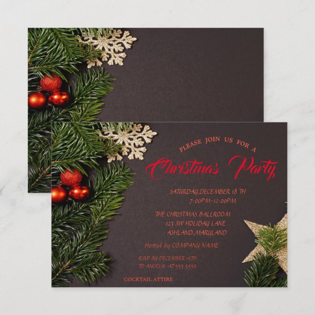 Invitation Boules de Noël, Branches Entreprise Fête de Noël (Devant / Derrière)