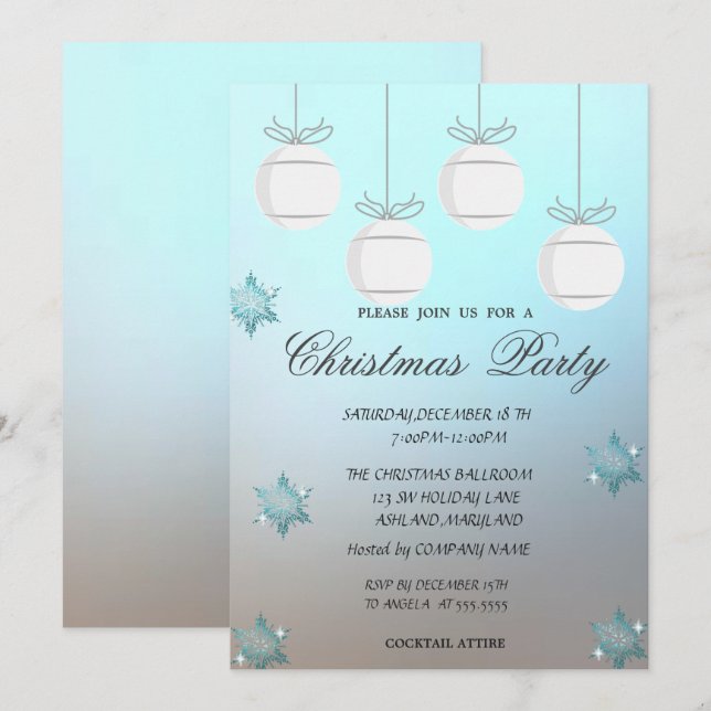 Invitation Boules de Noël, Fête de Noël d'entreprise bleue (Devant / Derrière)