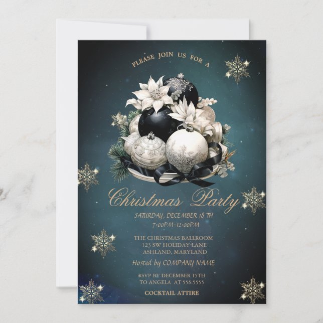 Invitation Boules de Noël noir blanc, Snowflakes Company (Devant)