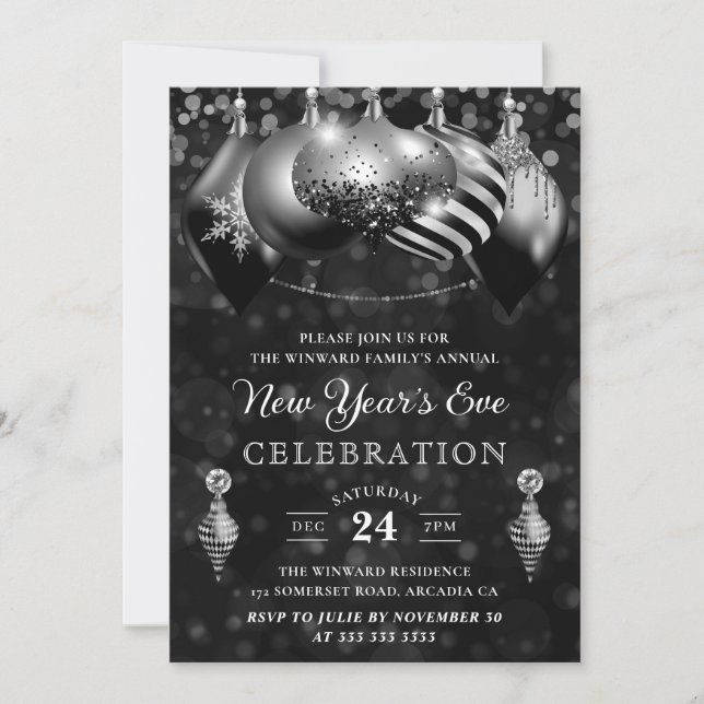 Invitation Boules de Noël noir et argent Nouvel An (Devant)