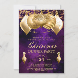 Invitation Boules de Noël Purple et Gold pour dîner de fête